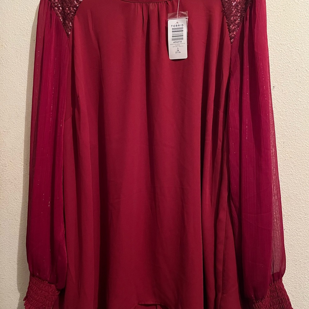 Torrid Burgundy Blouse with Sheer Sleeves